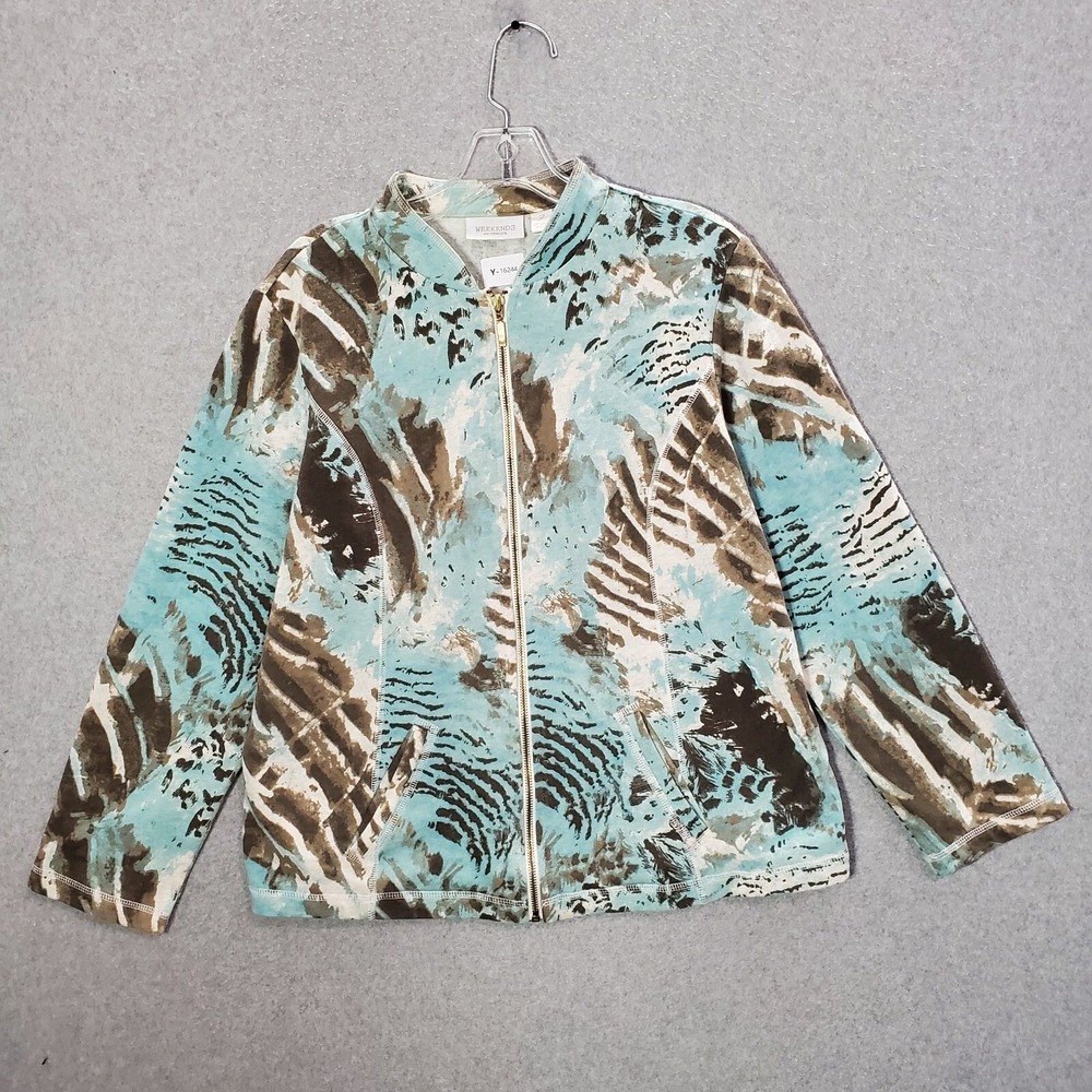 Weekends by Chico's Women Jacket 2 Large Blue Zebra Leopard Full Zip Fleece